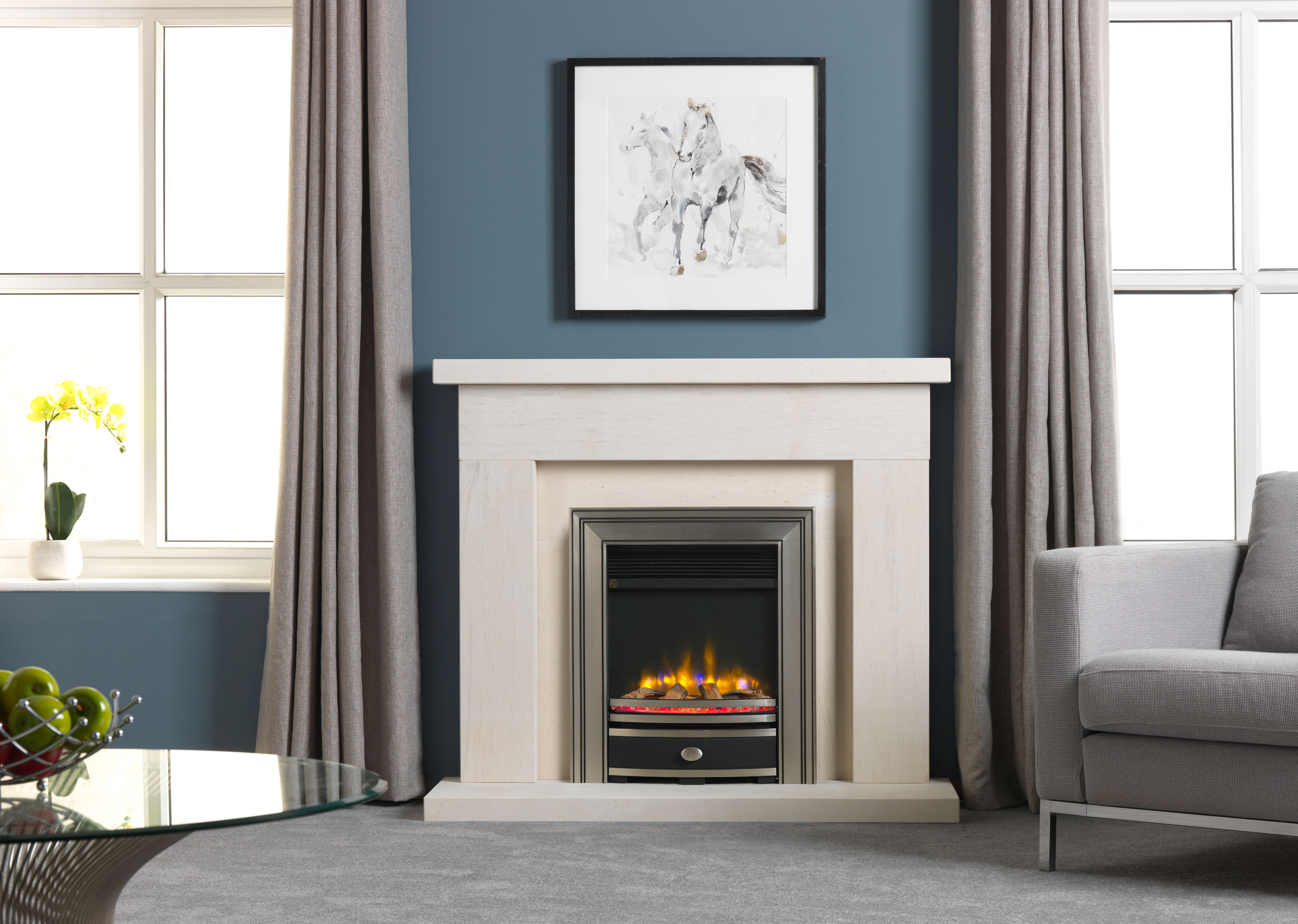 Charlton & Jenrick 16"/22" 4D Ecoflame electric fire with Beckford Limestone surround and hearth