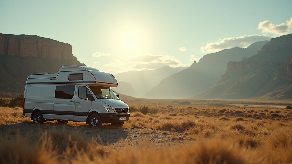Eye-level view of a campervan parked in a scenic location