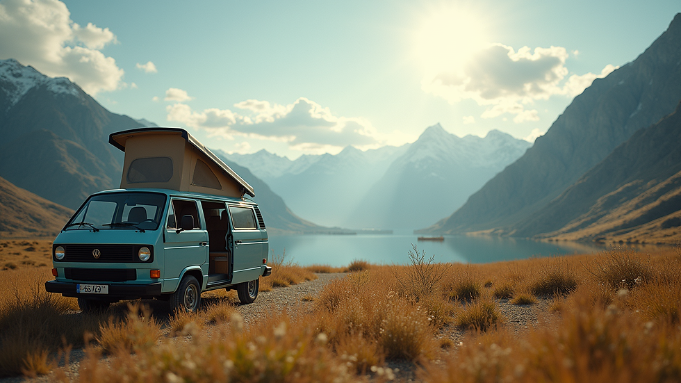 Eye-level view of a campervan parked in a scenic location