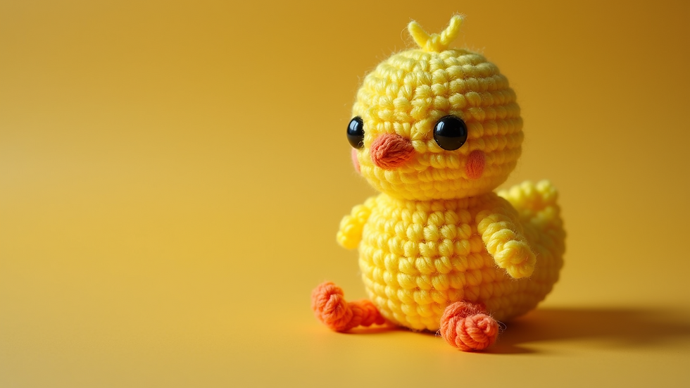 Close-up of a mini amigurumi chick partly crocheted in bright yellow yarn