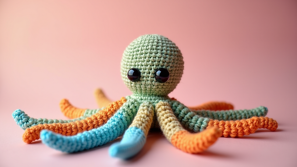 Close-up view of a colorful crocheted octopus