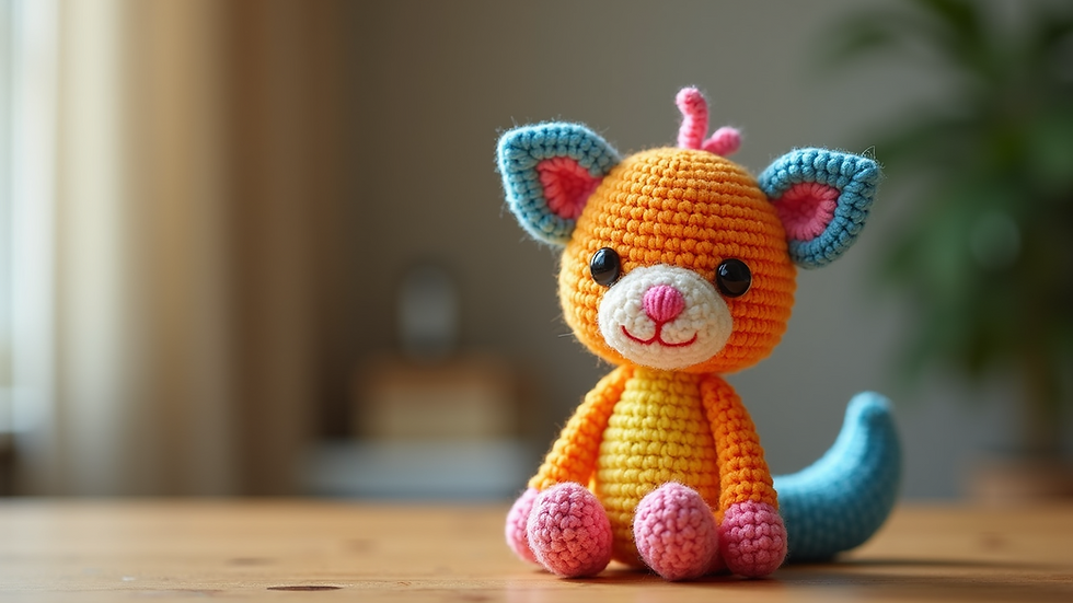 Eye-level view of a colorful amigurumi creature on a wooden table