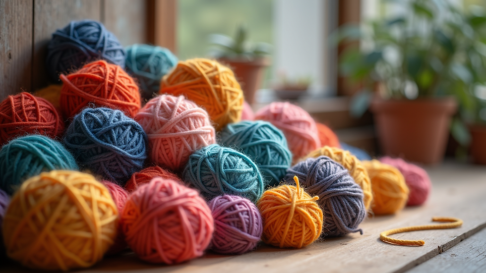 Close-up view of colorful yarn balls in a cozy setting