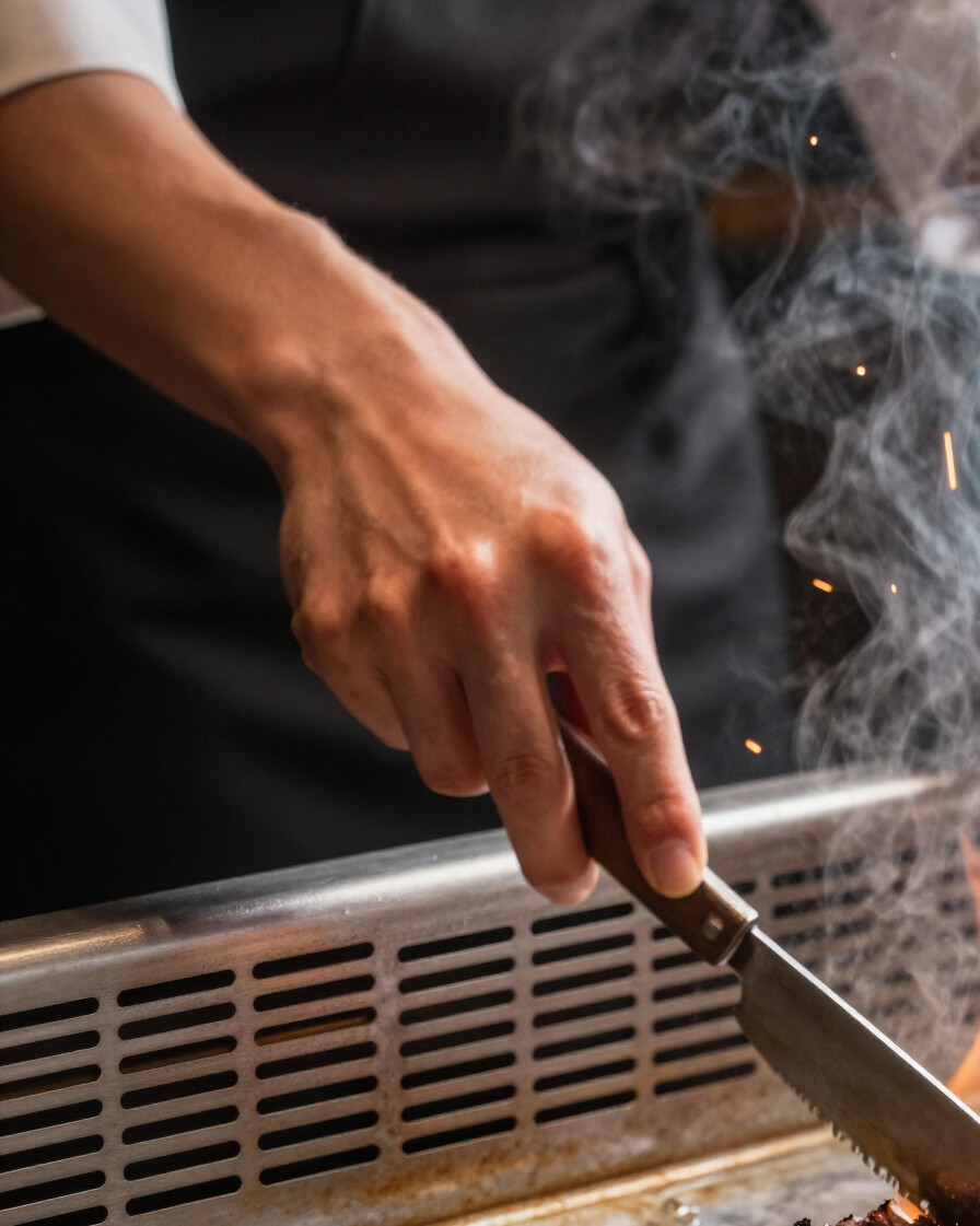 Food photography, steak skewers and colorful vegetables sizzling on a stainless steel griddle. The appetizing meal is prepared in a professional kitchen setting.