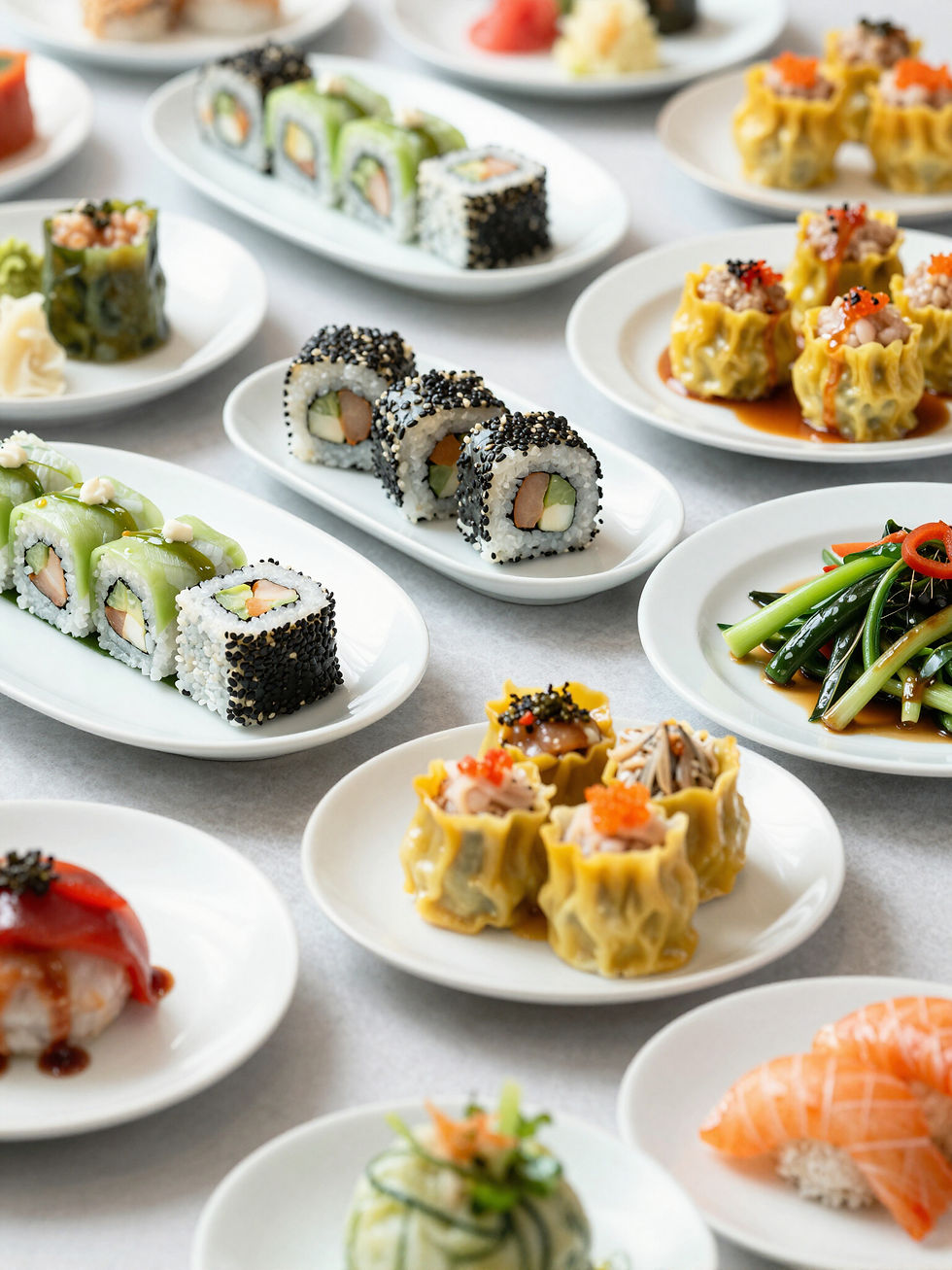 Restaurant photography of a long buffet table laden with a variety of richly displayed dishes. The scene suggests an abundant and inviting dining experience.