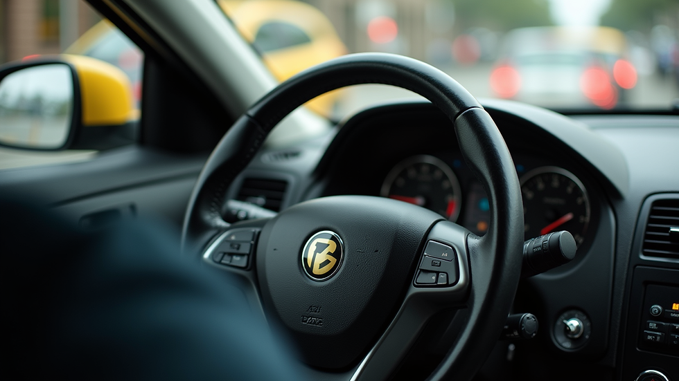 Close-up view of a taxi meter and steering wheel inside a clean taxi vehicle