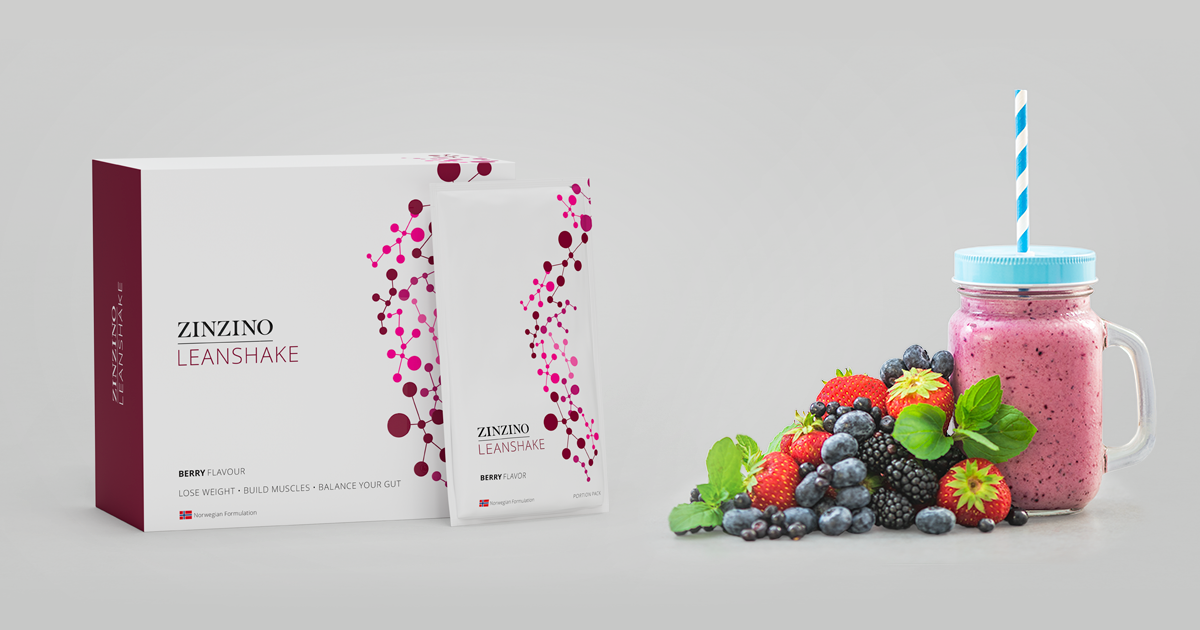 Arrangement des Lean Shakes von Zinzion neben den verpakten Produkten auf grauem Hintergrund