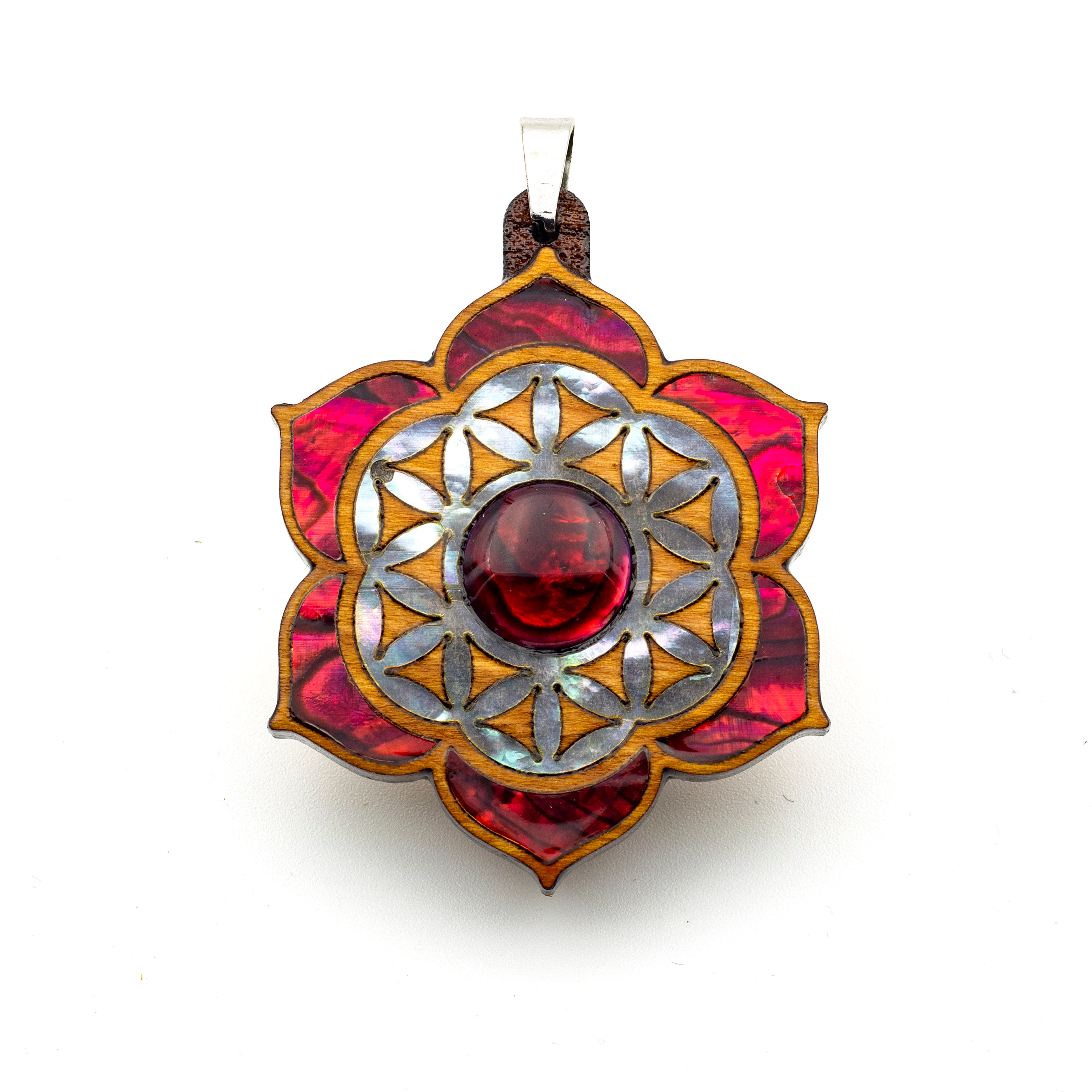 Seed Of Life Lotus Pendant (Red Paua / Cherry Wood)