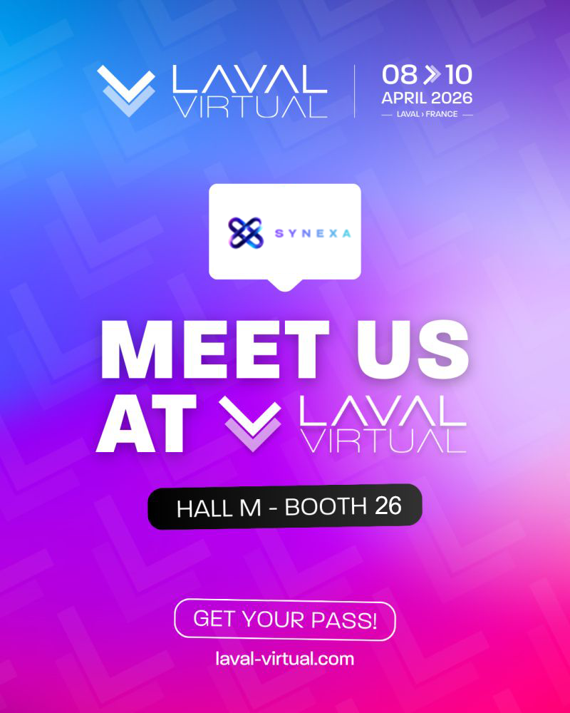 Laval Virtual du 8 au 10 avril 2026, cet événement réunira plus de 180 exposants et des milliers de professionnels autour de la XR, de l’innovation et des expériences immersives.    Cette année, nous serons présents au sein du consortium Synexa, situé Hall M – Stand 26.