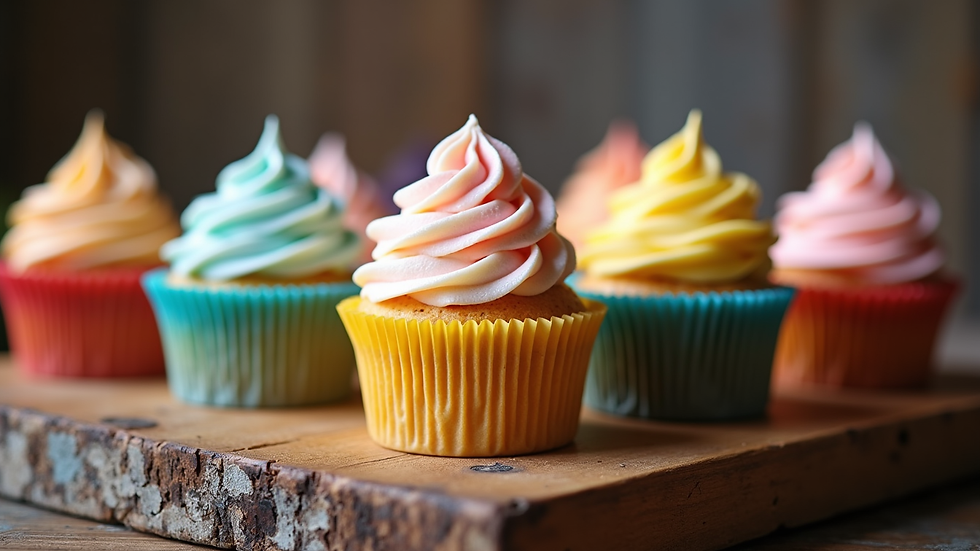 Close-up view of colorful cupcakes arranged on a rustic wooden table