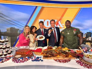 Kristina Lavallee and Celebrity Chef Andre Rush showcasing patriotic desserts with the FOX & Friends hosts during a national television segment celebrating America 250.