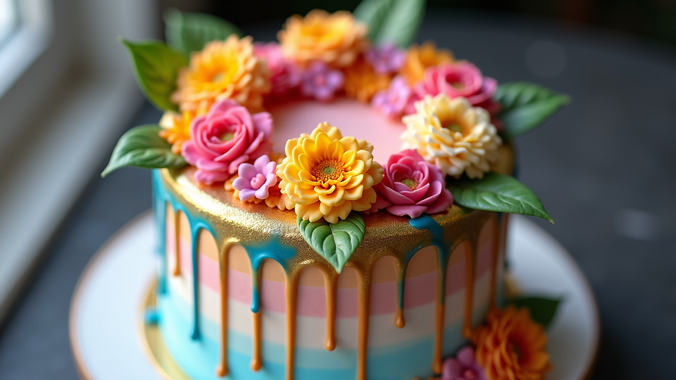 High angle view of a colorful drip cake with edible flowers and gold leaf accents