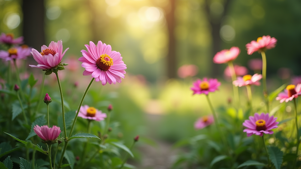 Eye-level view of a peaceful garden with blooming flowers