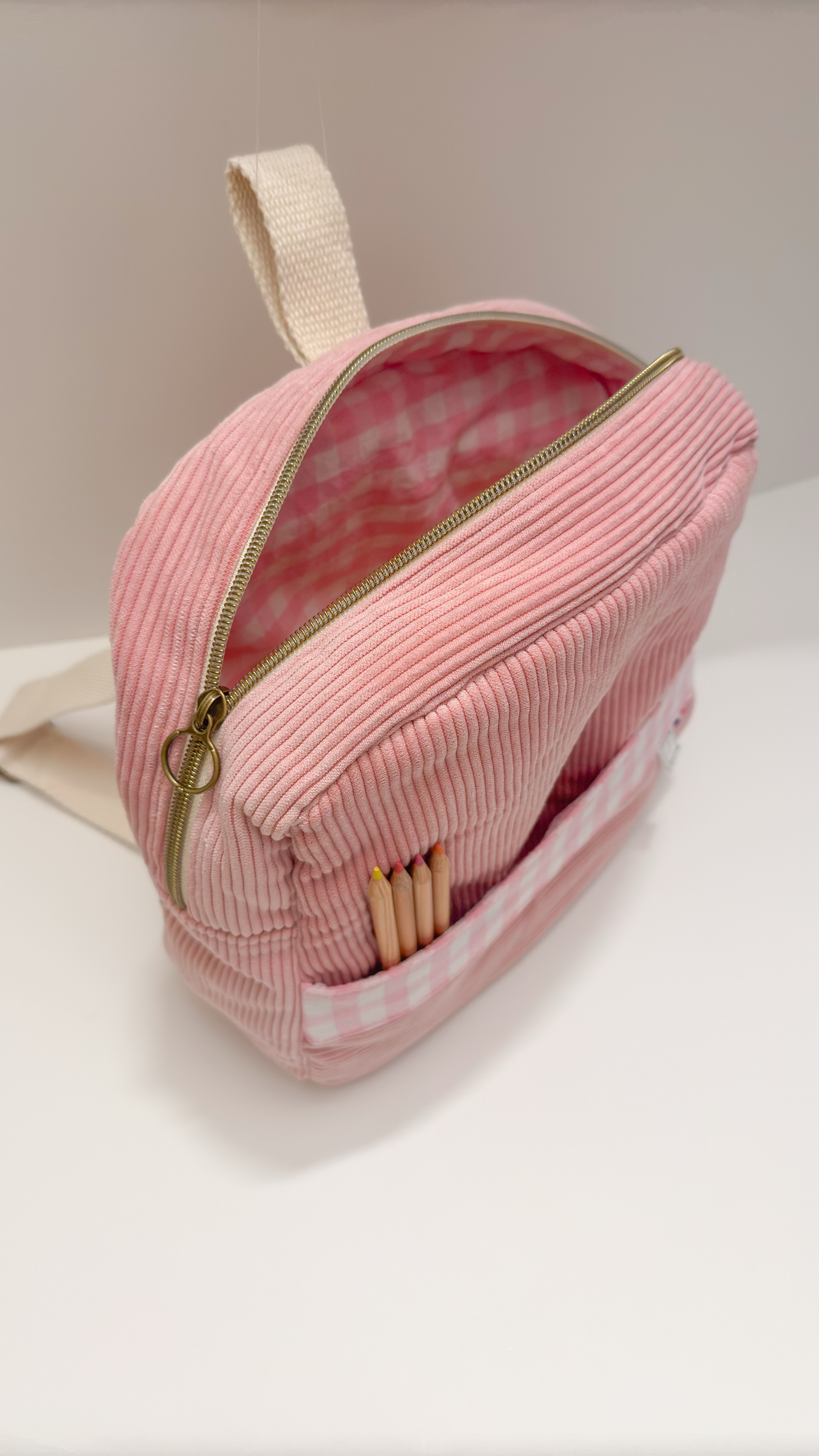 Sac enfant - Velours côtelé rose/Vichy