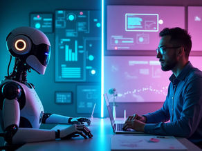 Artificial intelligence and finance concept, robot and human collaborating in stock market investing