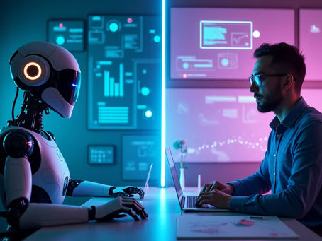 Artificial intelligence and finance concept, robot and human collaborating in stock market investing