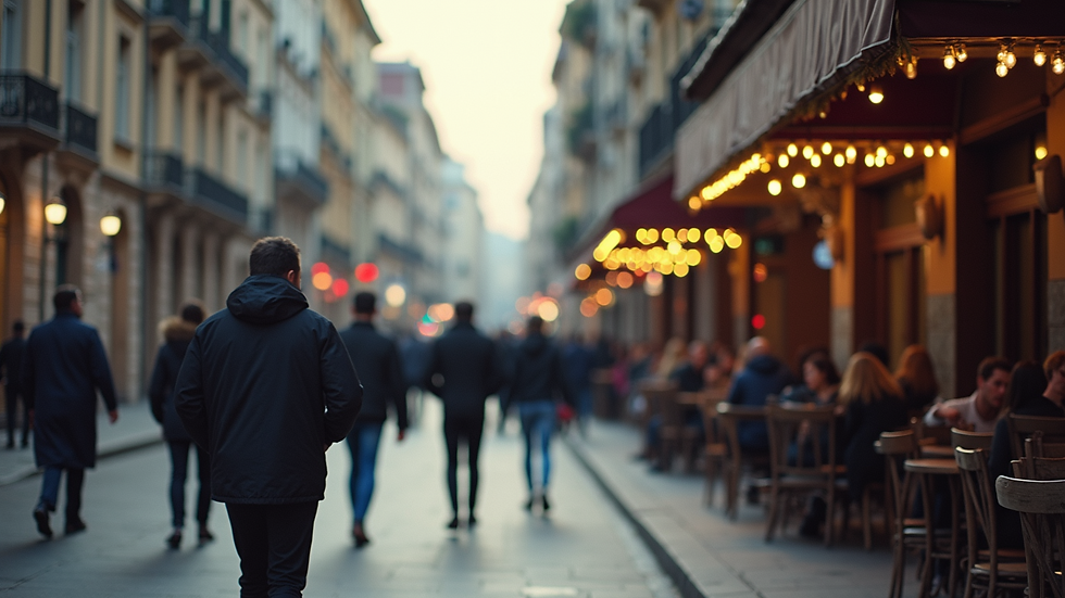 Eye-level view of a bustling Belgrade street with people walking and cafes lining the sidewalk