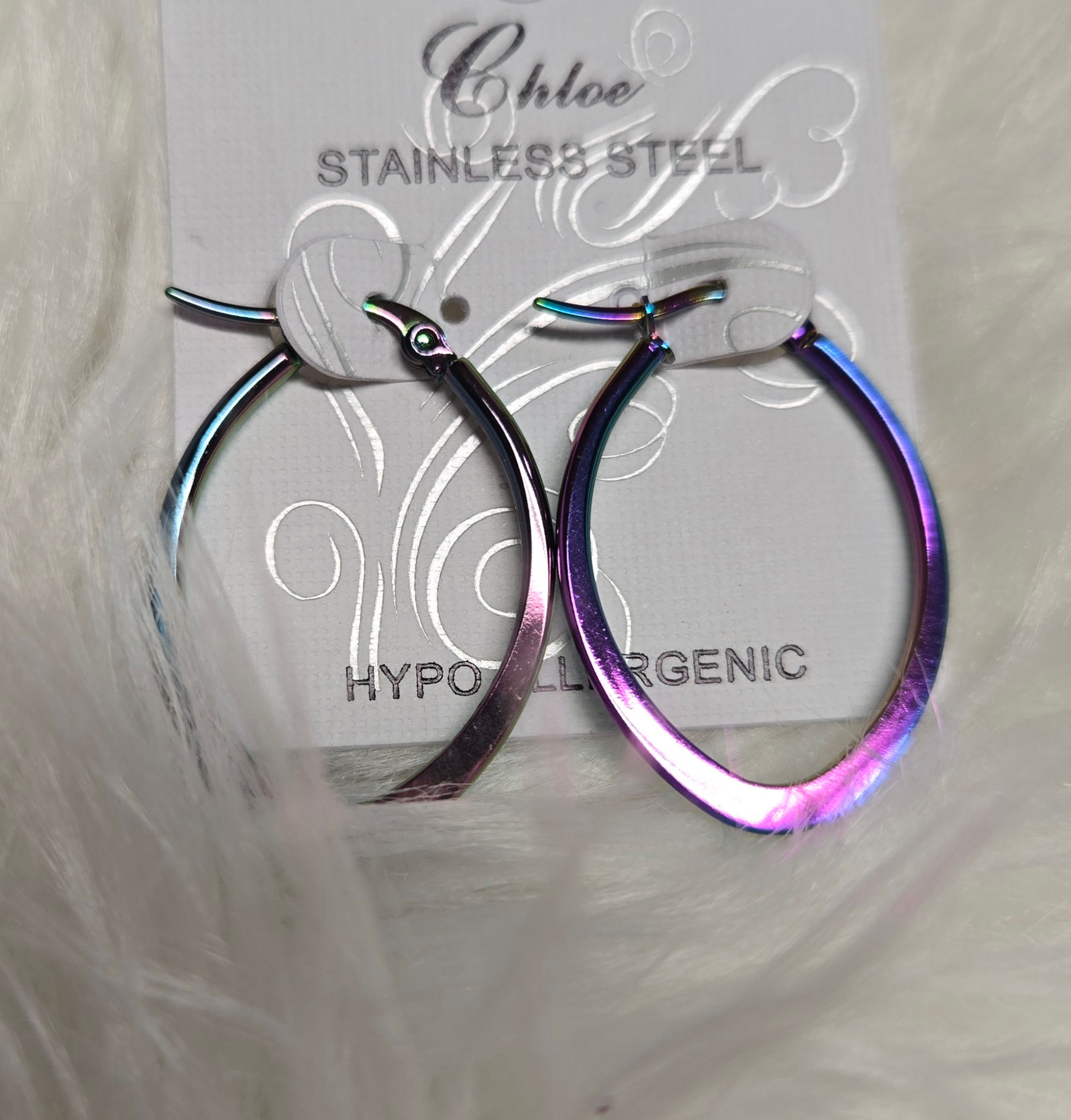 Iridescent Rainbow Oval Hoop Earrings - Hypoallergenic Stainless Steel