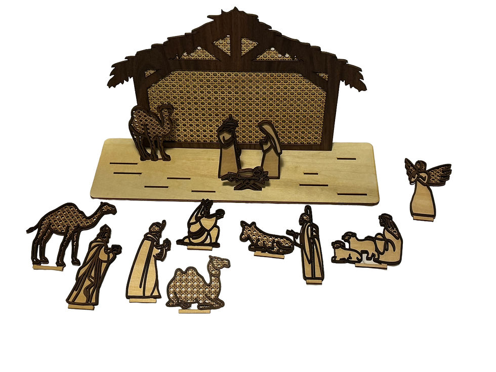 Thumbnail: Front view of complete rattan-look Nativity set that shows placement slots.
