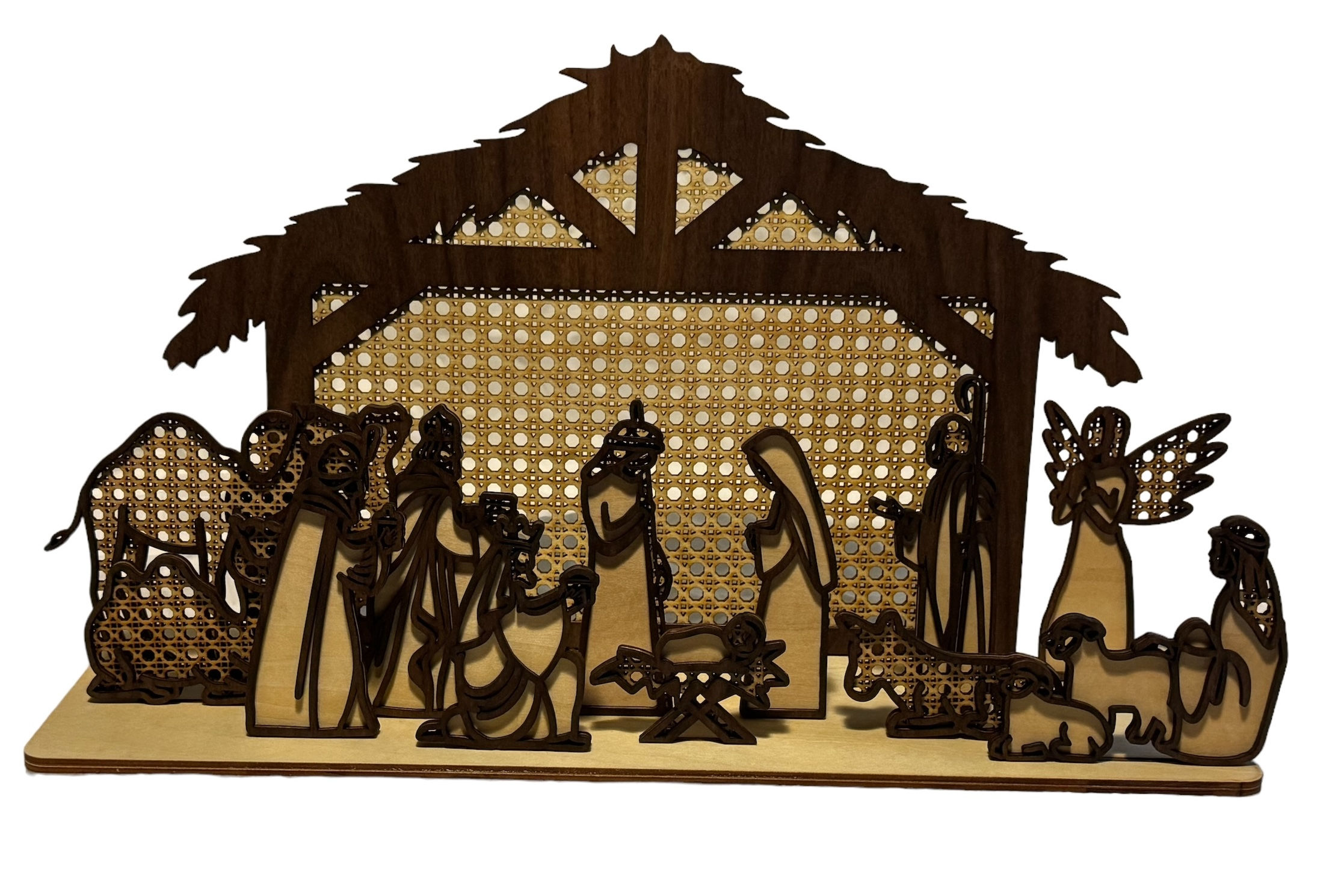 Front view of complete rattan-look Nativity set.