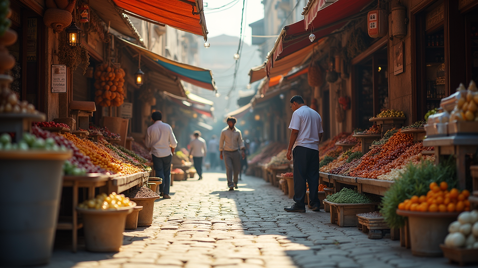 Eye-level view of a thriving marketplace with diverse vendors