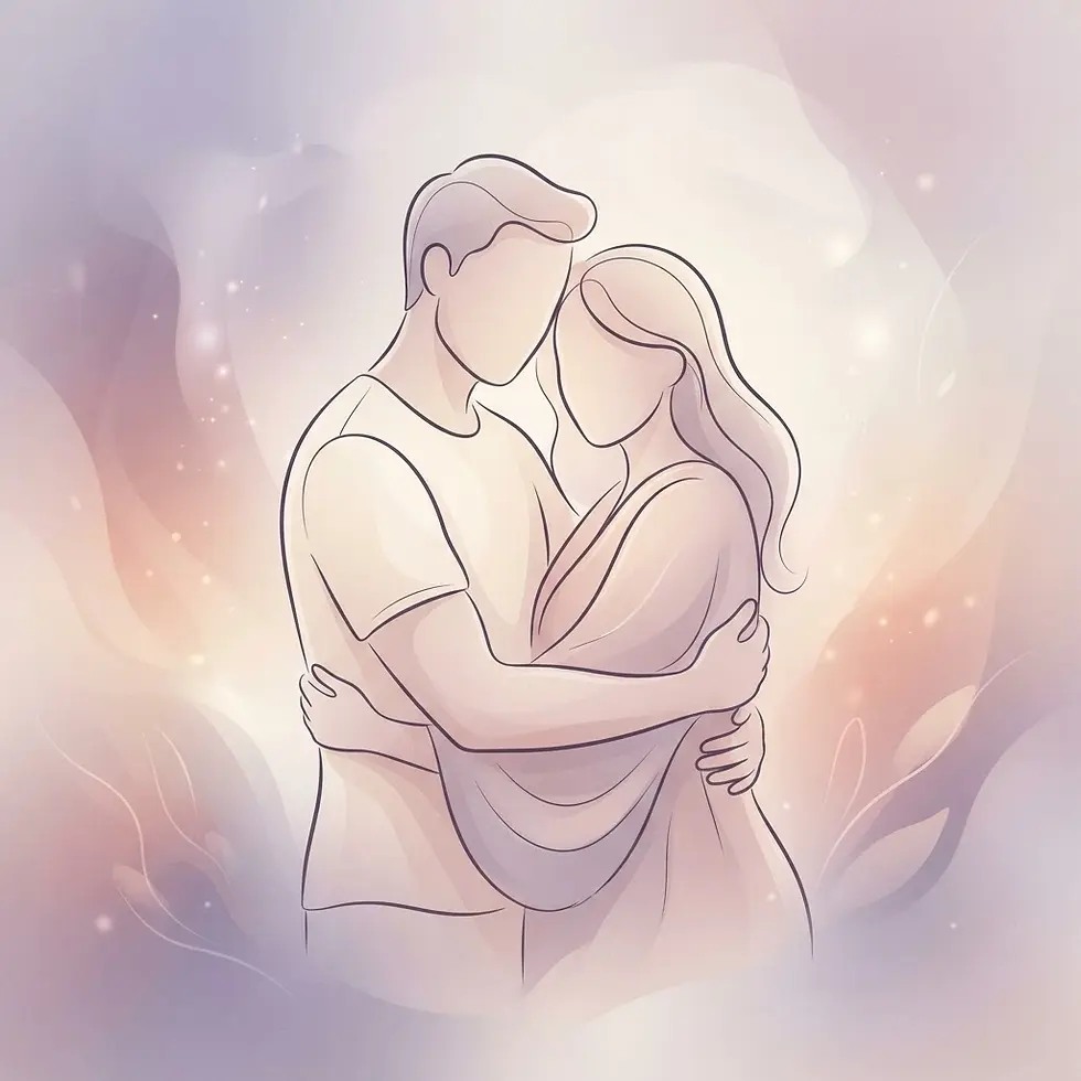 Digital illustration of a couple embracing. Soft, romantic ambiance.