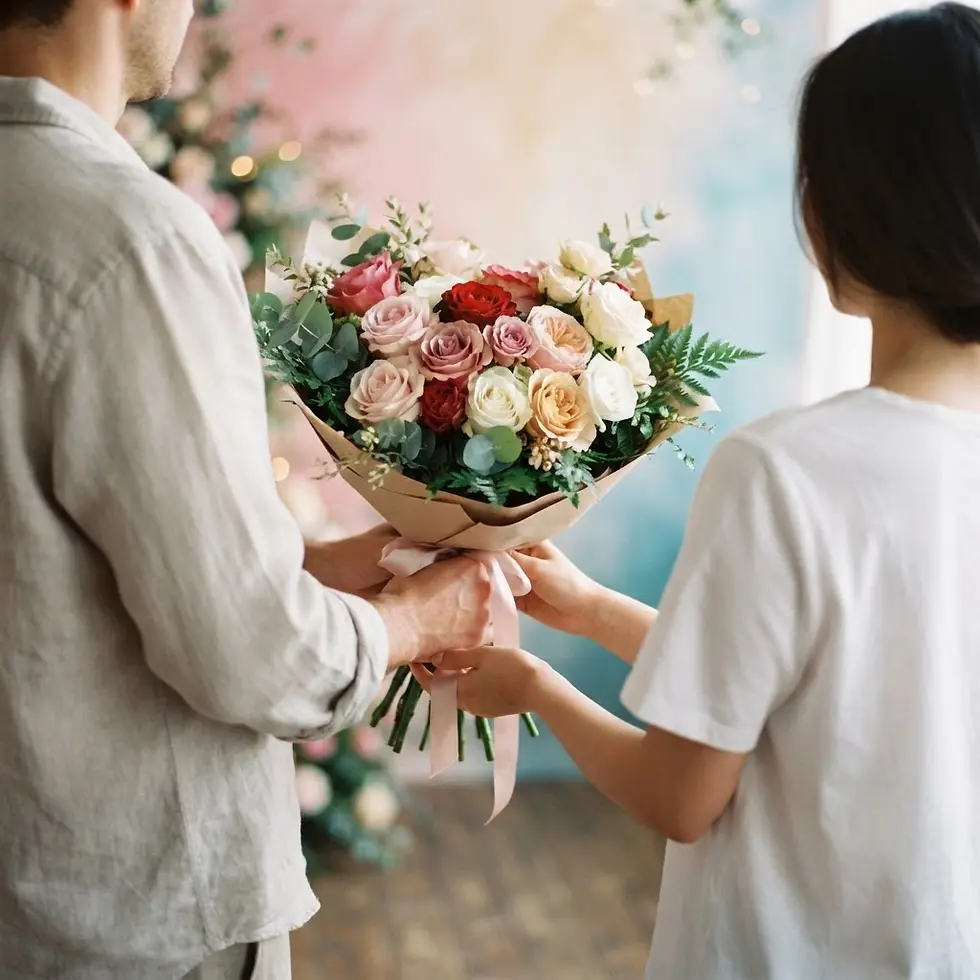 Lifestyle photography of a man presenting a lush flower bouquet to a woman. The warm, soft lighting suggests a thoughtful and affectionate moment.