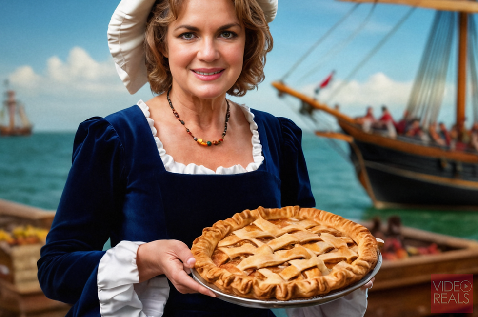Colonial woman holds a fresh baked apple pie.