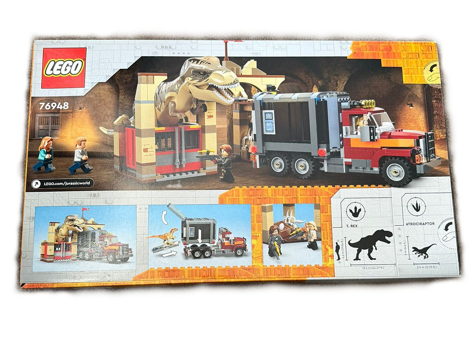 Thumbnail: LEGO 76948 box back shows T. Rex, truck, and minifigures playset.