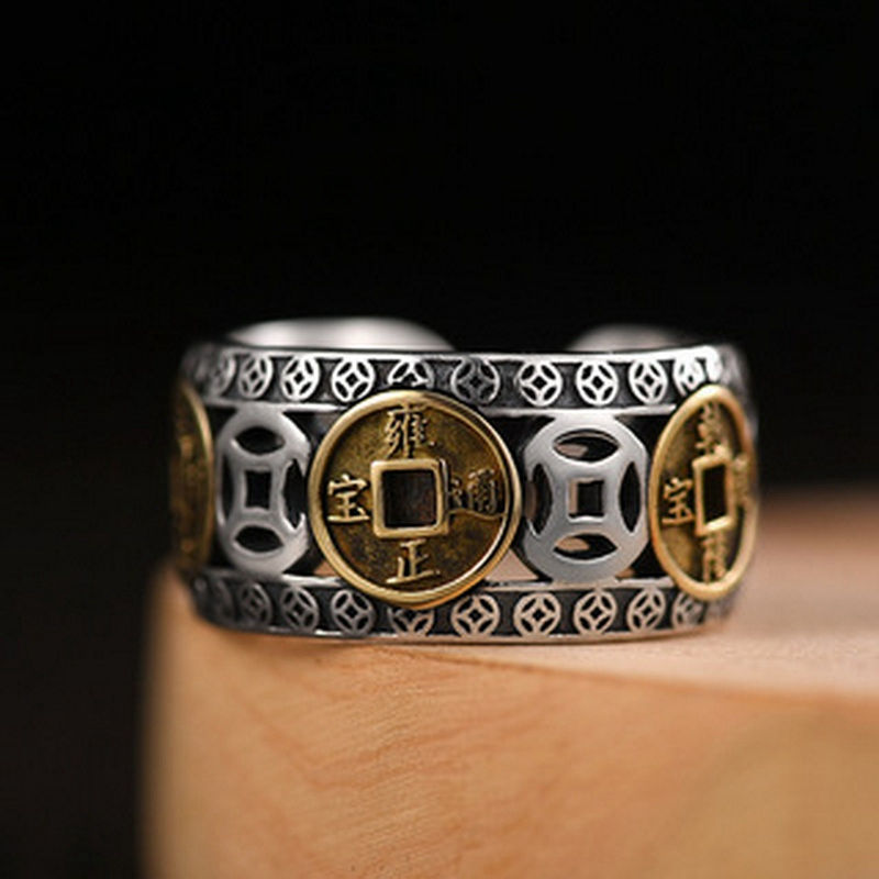 Thumbnail: Chinese Feng Shui Pixiu Ring Silver Plated Copper Coins Adjustable Rings for Wom