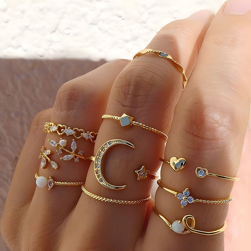 10Pcs Rings Suit For Women Gold-color Chain Ring Set Bohemian Style Coin Snake M