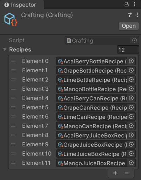 An example of the data for a crafting system, which is simply a list of allowed recipes.