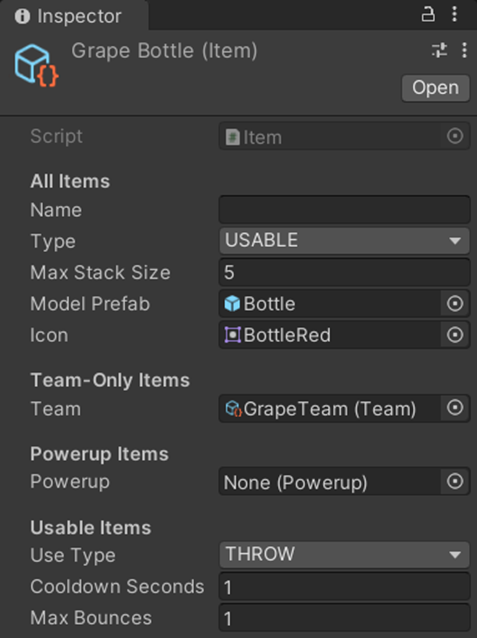 An example of the data for an item, which contains a 3D model and 2D texture, stack information, its type, and more.