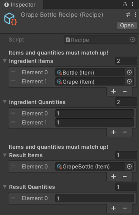 An example for the data for a recipe, which contains ingredient and result items.