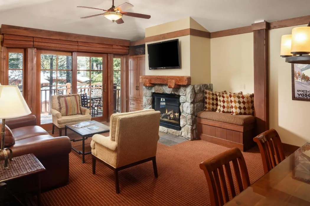 Hyatt High Sierra Lodge in Lake Tahoe suite living room with fireplace