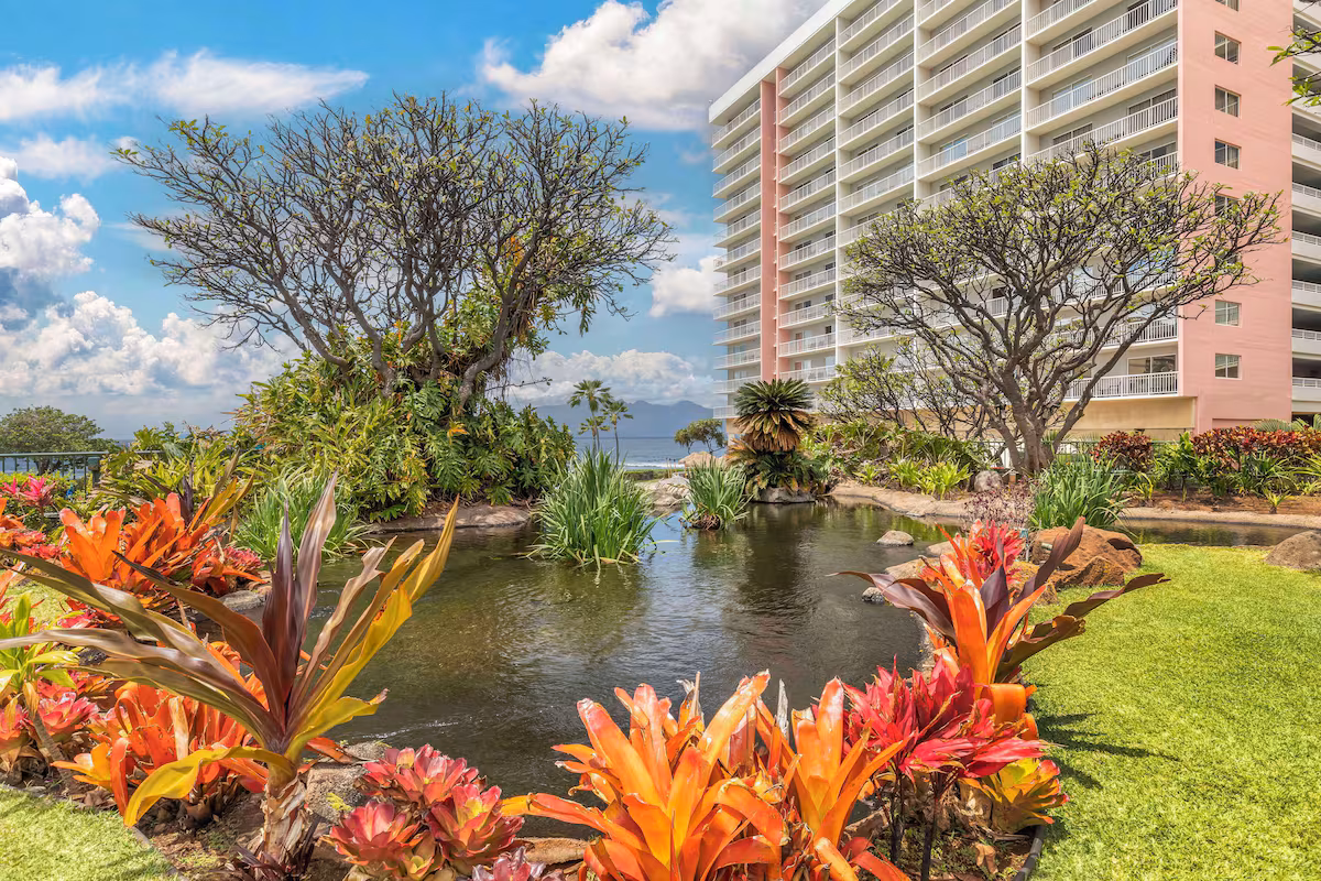 Hilton Kaanapali Beach Club tropical gardens and tower
