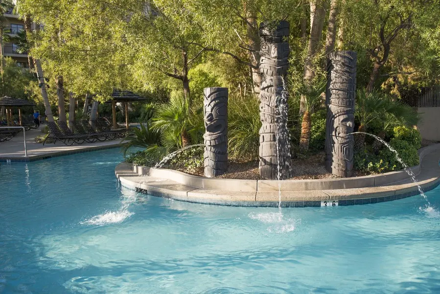Tiki-lit fountains at Tahiti Village in Las Vegas