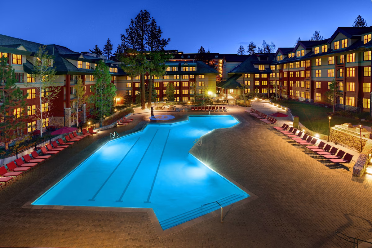 Marriott Timber Lodge heated pool at dusk in Lake Tahoe