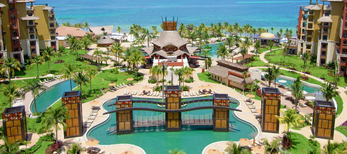 Aerial view of Villa del Palmar Cancun pools and beach