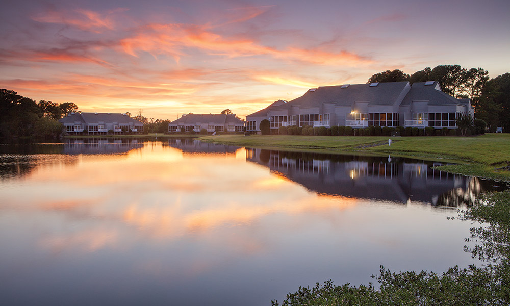 Wyndham Fairfield Harbour lake at sunset in North Carolina