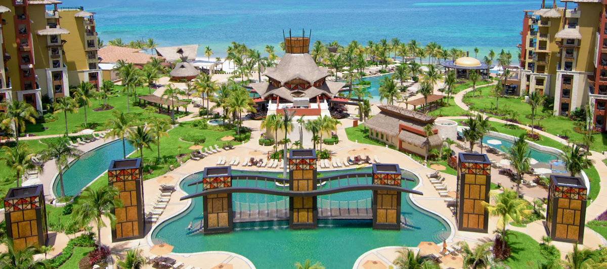 Aerial view of Villa del Palmar Cancun pools and beach