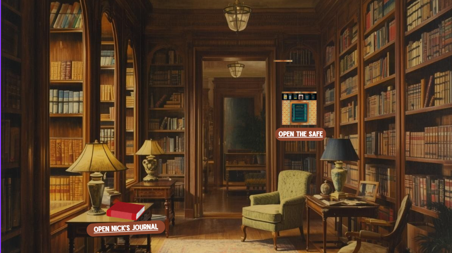 Cozy library with wooden shelves full of books. Green armchair and lamps. Prominent "Open Nick's Journal" and "Open the Safe" text labels.