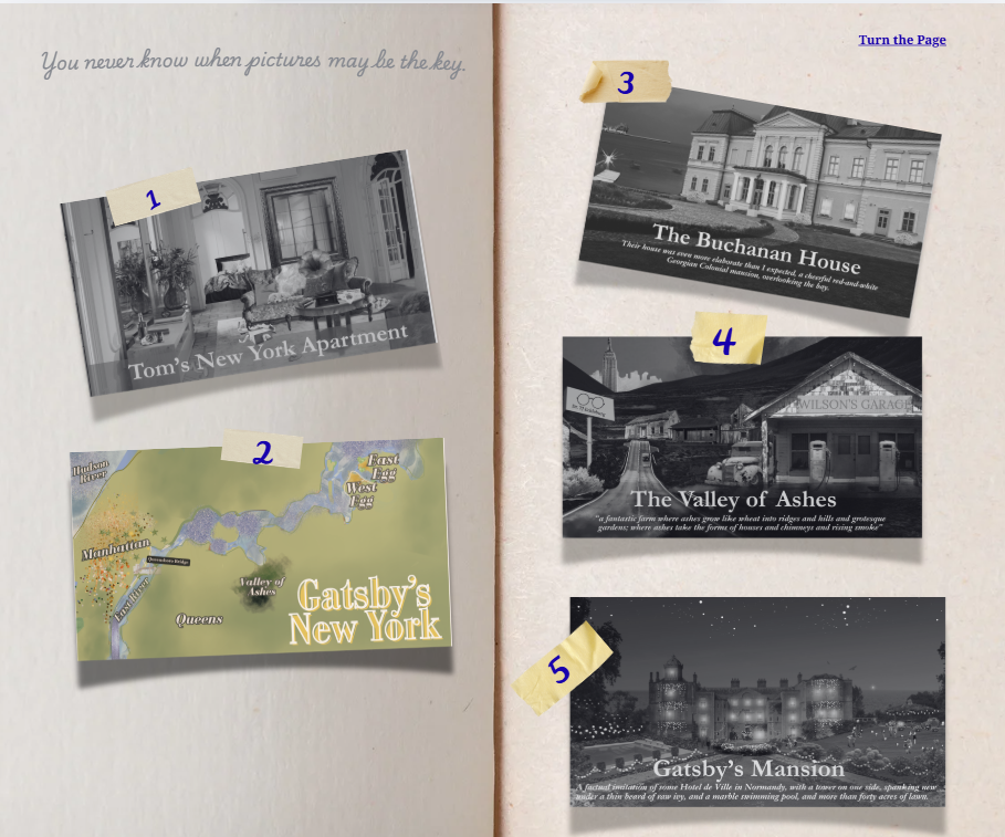 Collage of five labeled photos: Tom's NY apartment, Gatsby's NYC map, Buchanan house, Valley of Ashes with Wilson's Garage, Gatsby's mansion.