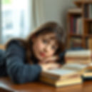 A mature girl, 22 years old lying on her chest, her elbows and thinking deeply books are o