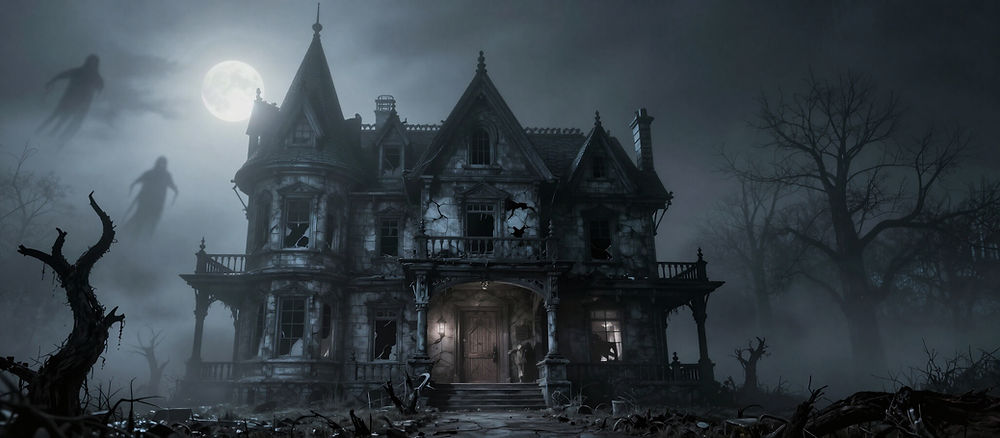 Halloween haunted house with ghosts and full moon