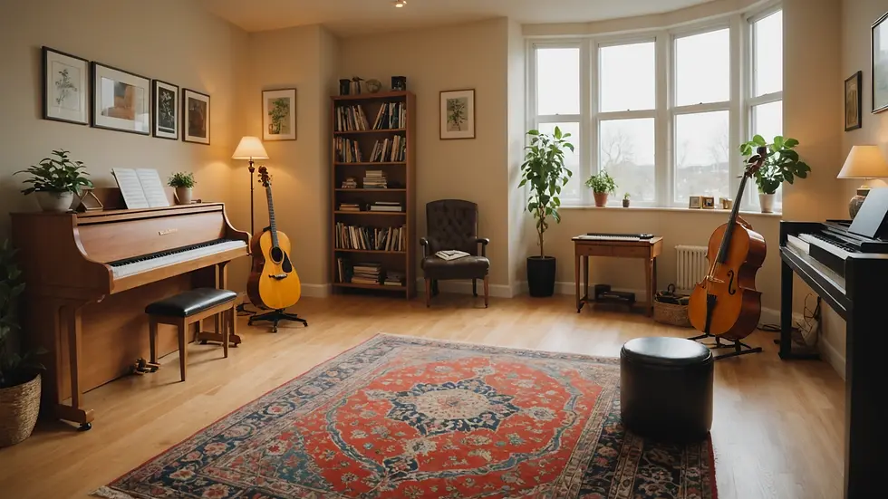 Wide angle view of a serene music therapy room