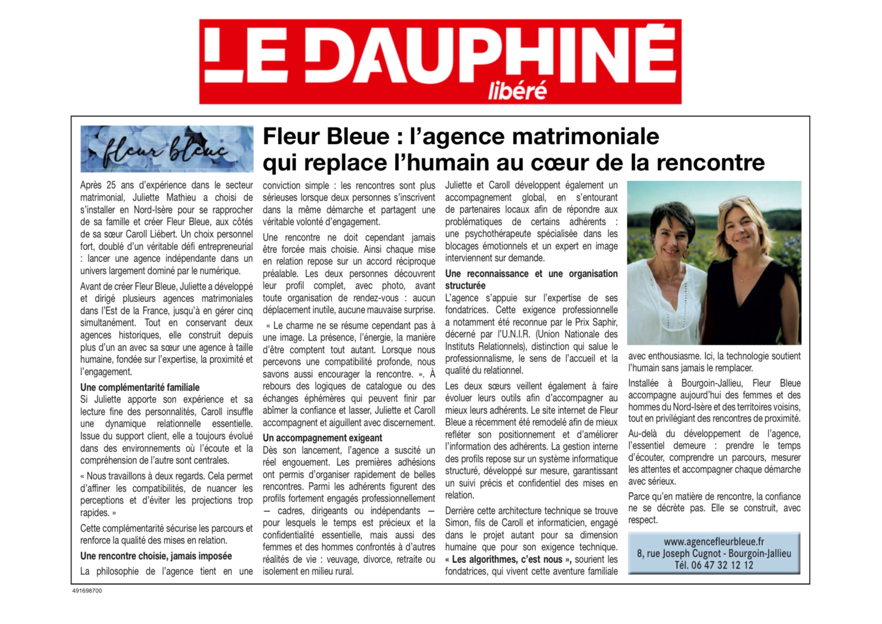 Article de presse concernant l'agence matrimoniale fleur bleue dans le Dauphiné libéré