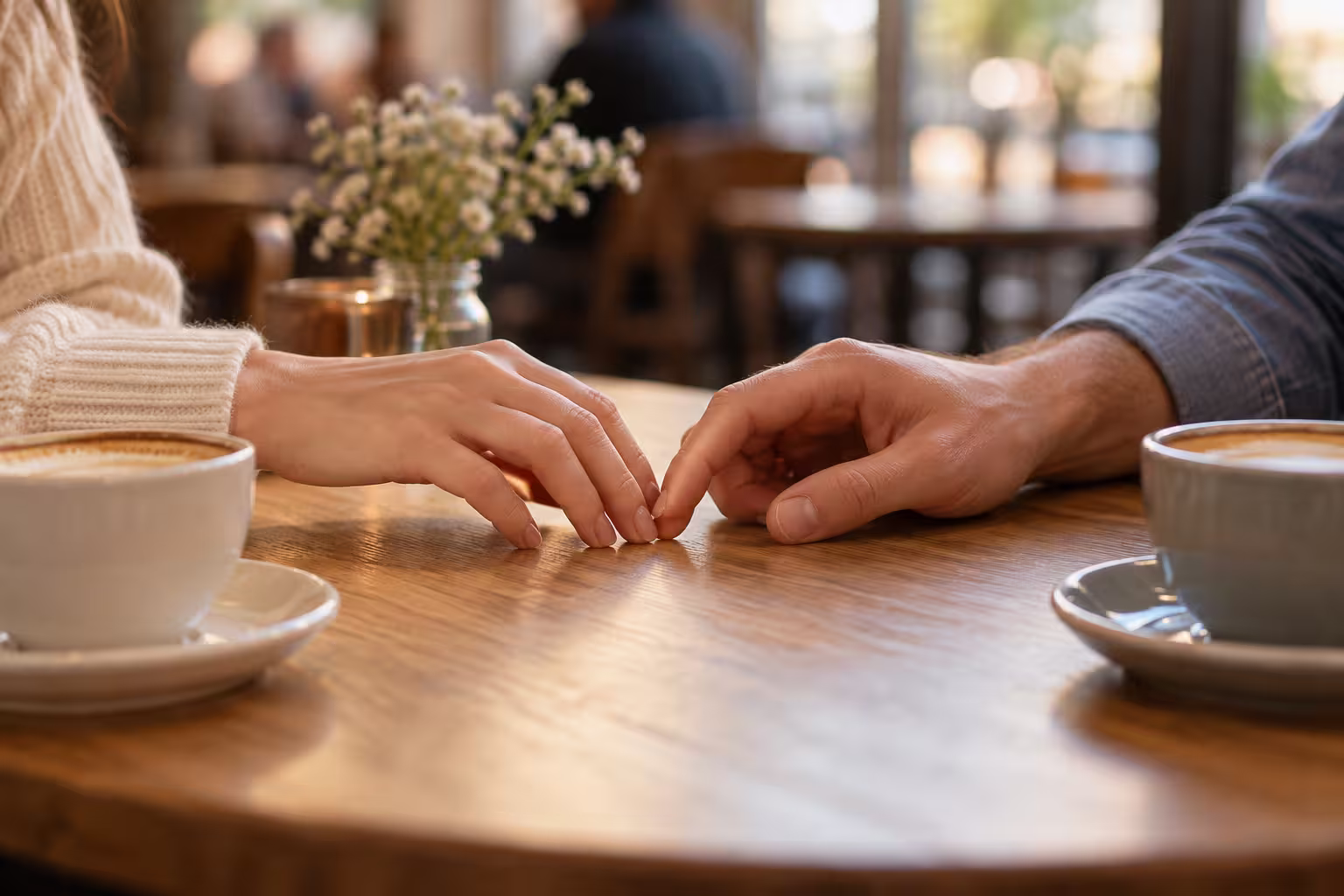 Deux mains qui se frôlent sur une table de café lors d'un premier rendez-vous