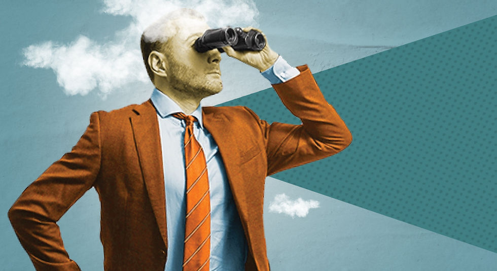 A man in a business suit uses binoculars to look into the horizon.