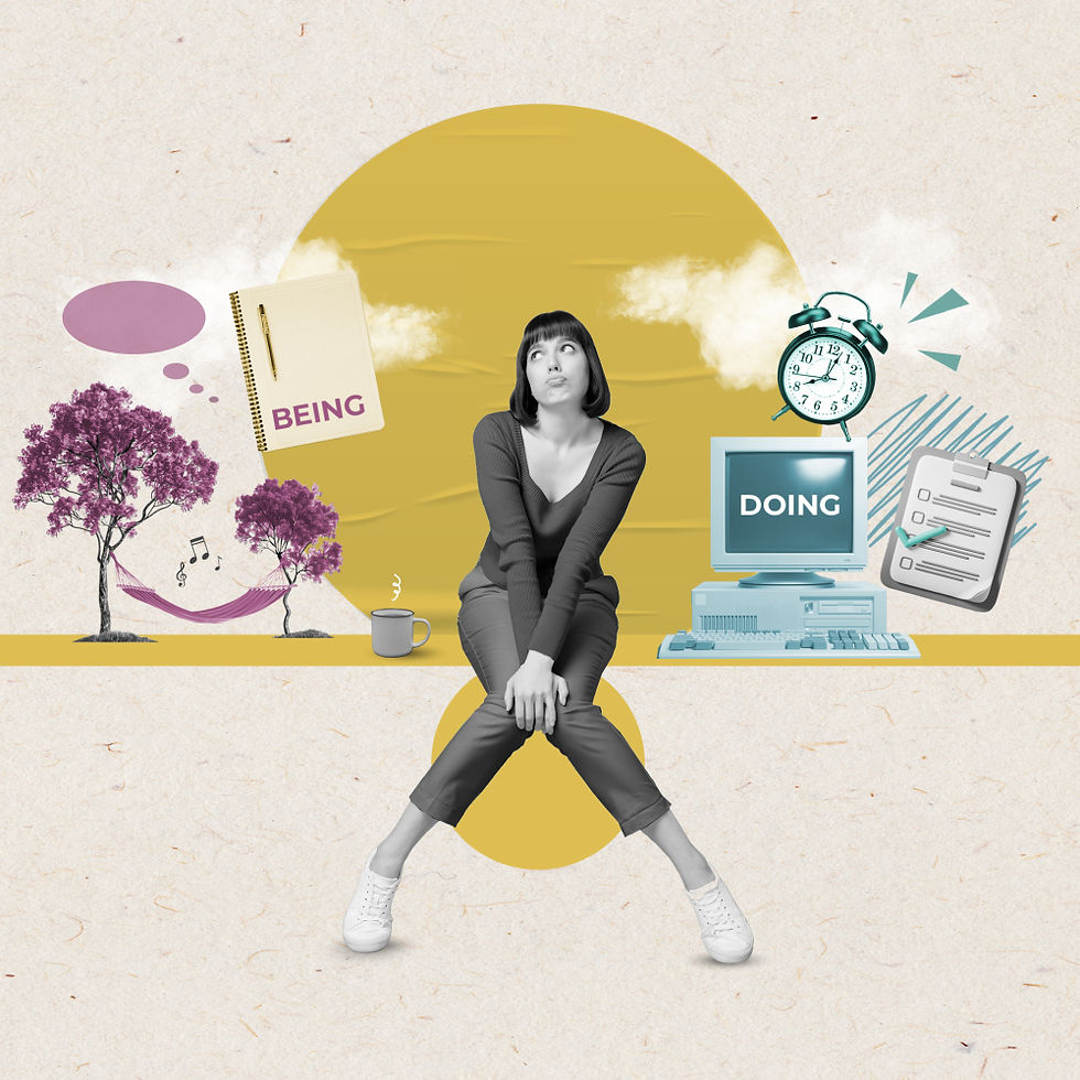 A graphic illustration of a woman on a seesaw between items that represent "being" and items that represent "doing."